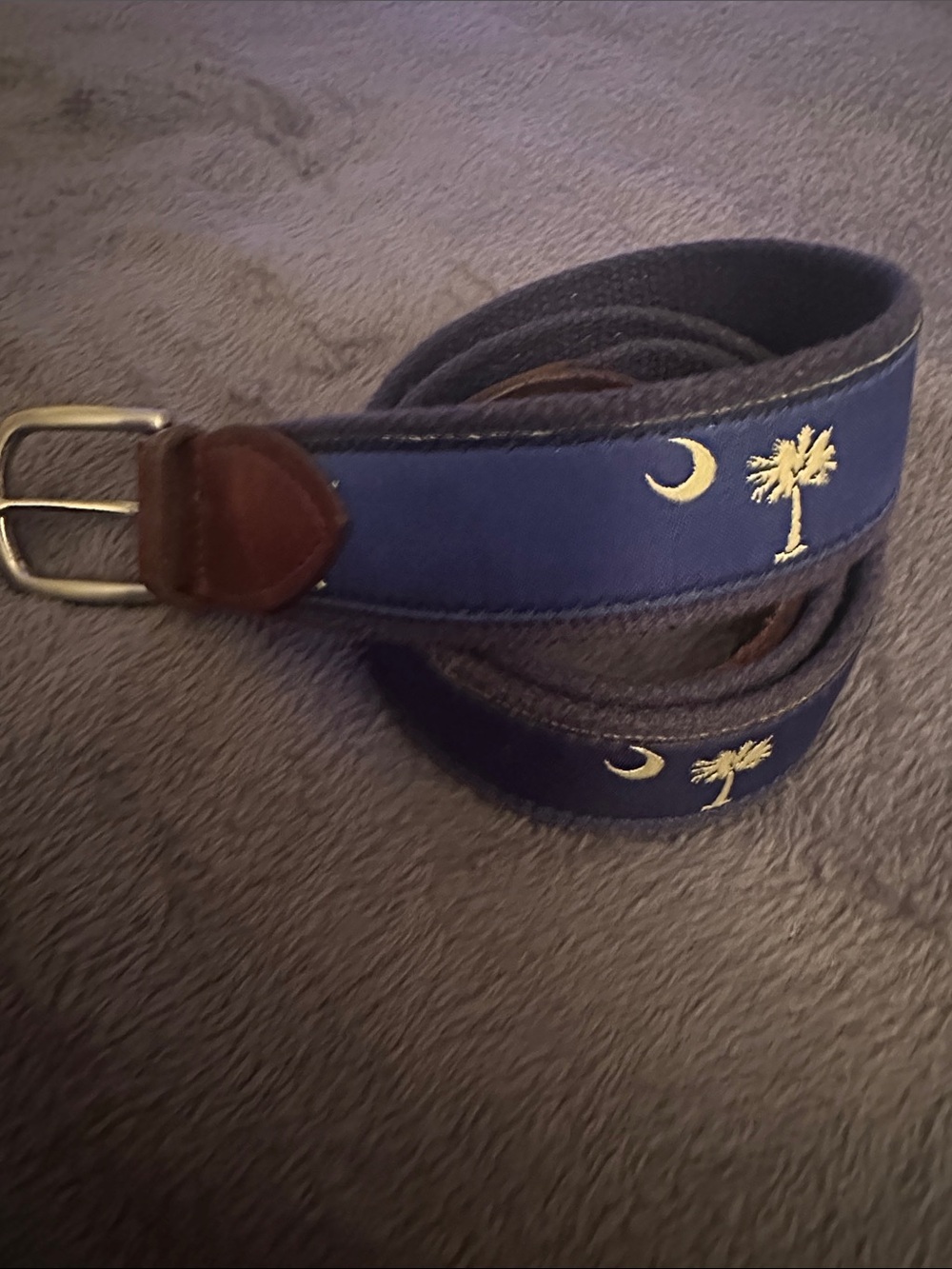 The Belted Cow Co. Men's Embroidered Navy Canvas Belt with Crescent & Palm Tree